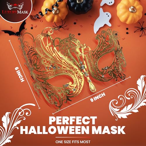 Image of Metal Filigree Masquerade Mask for Women - Swan Style Mask with Rhinestones for Mardi Gras, Prom, Halloween & Venetian Party