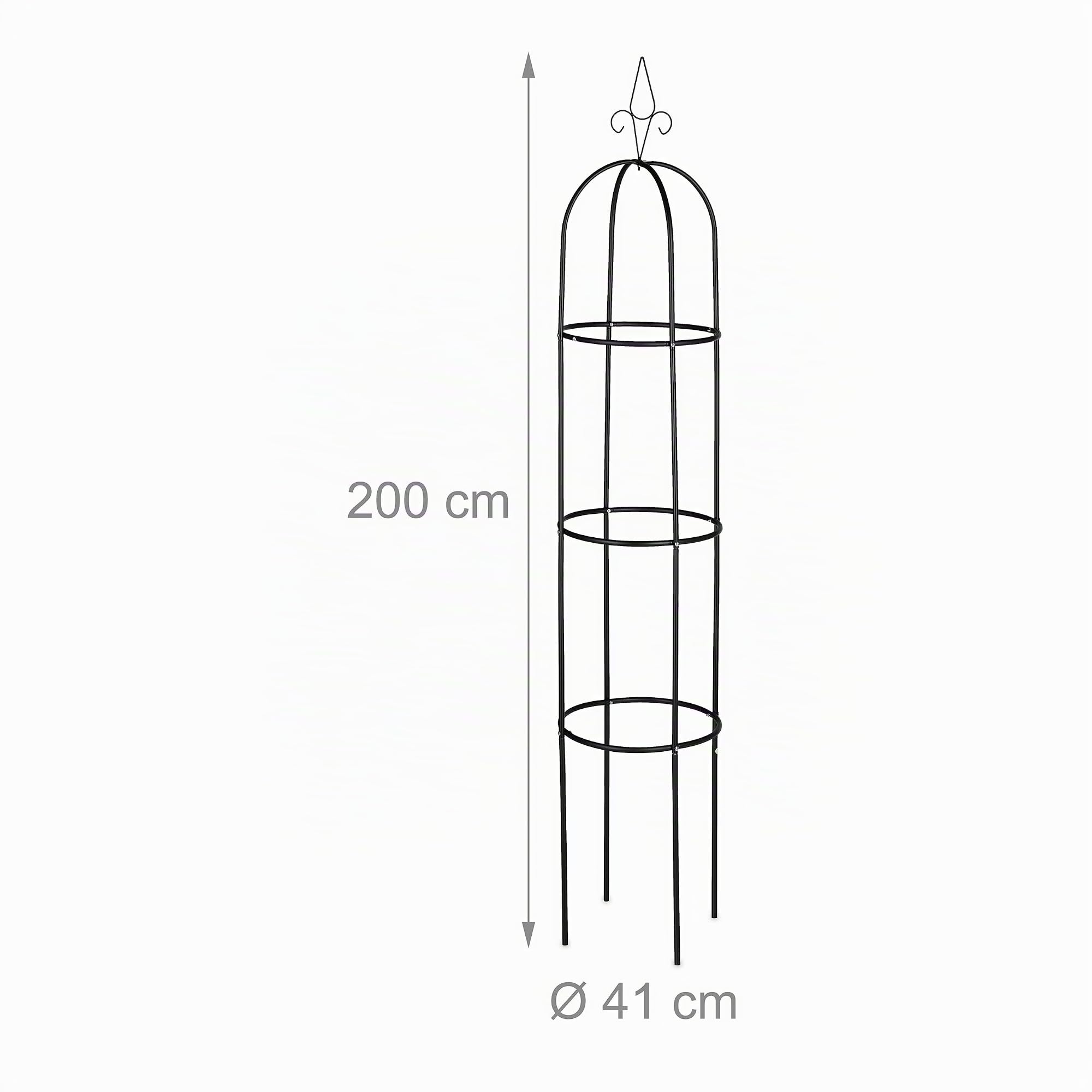 Relaxdays Supporti ad Obelisco per Rampicanti, Set da 2, Alti 200 cm, Graticolati per Piante, Rose Edere, Metallo, Nero, Acciaio