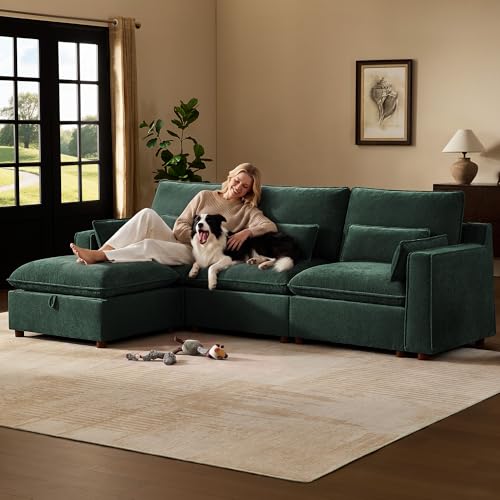 Image of WorthFurni Modern Modular Sectional Sofa,103 inch L Shape Minimalist Couch with Storage Ottoman,Comfty 4 Seat Sofa for Living Room,Green Chenille