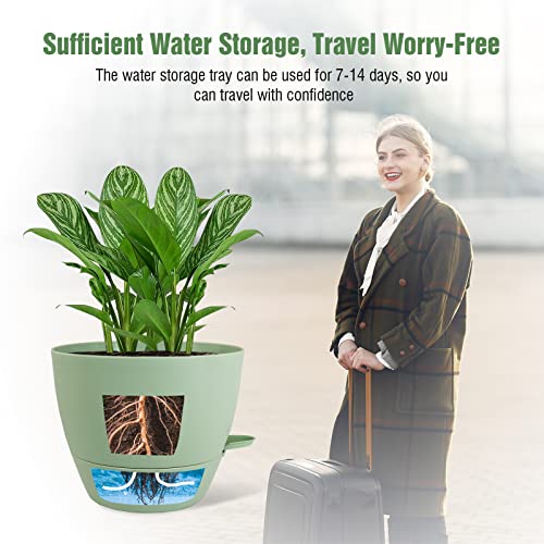 Wousiwer 10 Inch Self Watering Planters, 2 Pack Large Plastic Plant Pots With Deep Reservior And High Drainage Holes For Indoor Outdoor Plants And Flowers, Green #TOP1
