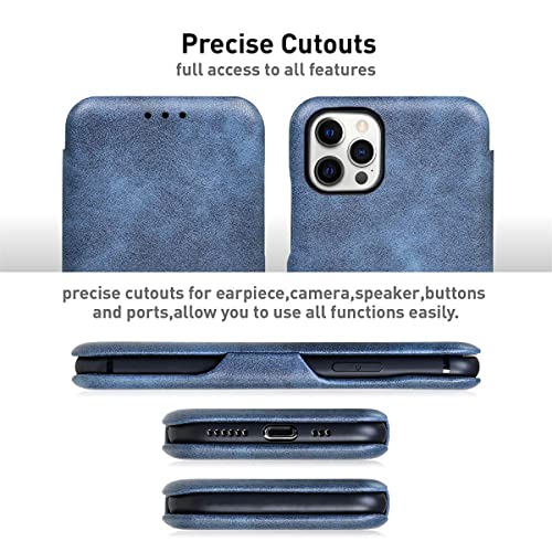 Image of PULOKA for iPhone 13 - Sleek Flip Case - Premium Vegan Leather Phone Cover with Card Slot - Slim, Durable, Privacy Protection - Kickstand Function - Elegant Flip Wallet Cases for Apple - Blue