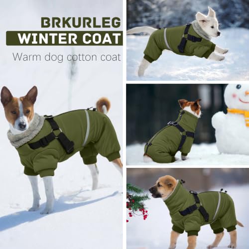 Image of BRKURLEG Dog Winter Coat with Harness Built in, Winter Dog Jackets for Small and Medium Dogs, Small Dog Snowsuit Reflective Windproof Cold Weather Dog Coat, Dog Warm Fleece Coat, Army Green, L