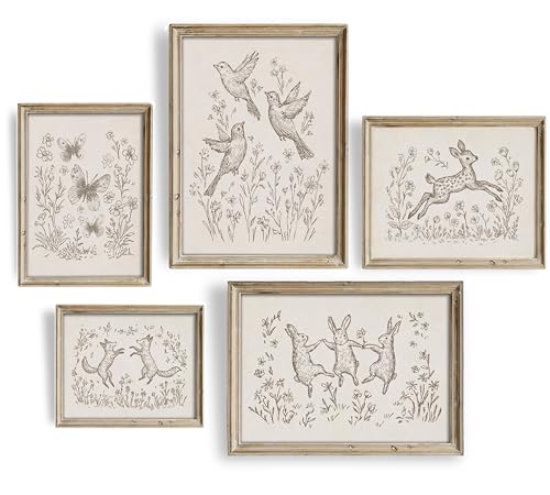 Image of 5Pcs Vintage Woodland Animals Nursery Wall Art Cute Fox Bunny Deer and Butterfly Pictures Wall Decor Cottagecore Neutral Farmhouse Children Poster Painting Print for Kids Babys Room Grils Bedroom