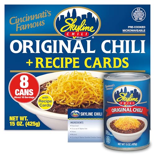 Skyline Chili - Canned Chili 15 oz Cans (8-Pack) – Authentic Cincinnati Ground Beef Chili, No Beans – High-Protein Chili Dog Sauce for Hot Dogs & Coneys – Includes Recipe Card for Chili Dip & More