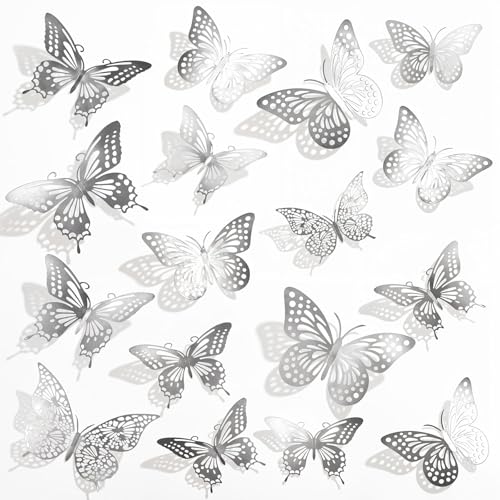 48 Pcs Silver Butterflies 3D Butterfly Wall Decor 4 Styles 3 Sizes Butterfly Stickers Removable Butterflies Decorations for Crafts Bouquet Cake Decorating Flower Arrangements Birthday Party