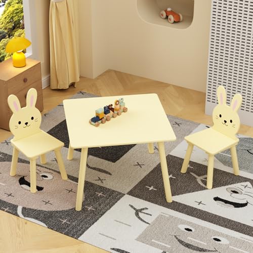 Image of Wood Table & Chairs 3 Pieces Set, Boys Girls Activity Table w / 2 Animal Shaped Chairs, Solid Wood Legs, Safe Rounded Corners, Playroom Furniture for Boys & Girls Activity Dining Drawing Craft.