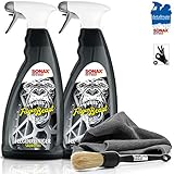 detailmate Felgen Reiniger Set - 2X SONAX FelgenBeast Felgenreinger säurefrei, 1L + Allrounder Mikrofasertuch 40x40cm, 380 GSM + VALETPRO Felgen Reinigungspinsel + Schutzhandschuhe