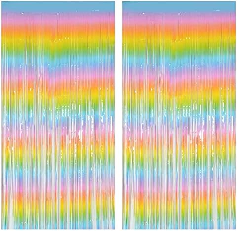 Muhome Rainbow Unicorn Foil Fringe Curtain, 2PCS 3.28FT x 8.2FT Metallic Tinsel Door Curtains Photo Backdrop for Wedding Birthday Baby Shower Bachelorette Pastel Graduation Party Decorations
