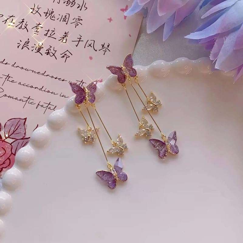 Purple Crystal Butterfly Tassel Earrings for Women Crystal Rhinestone Drop Dangle Earrings 3D Butterfly Earrings Wedding Jewelry for Women - Image 4