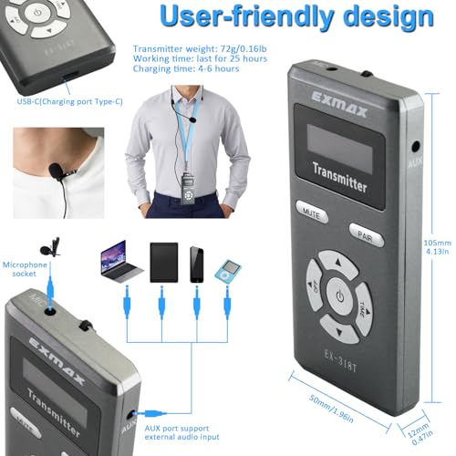 EXMAX EX-318 Sistema Inalámbrico de Transmisión de Audio para Guías de Tour con 2 Transmisores y 30 Receptores con Estación de Carga de 32 Ranuras miniatura 4