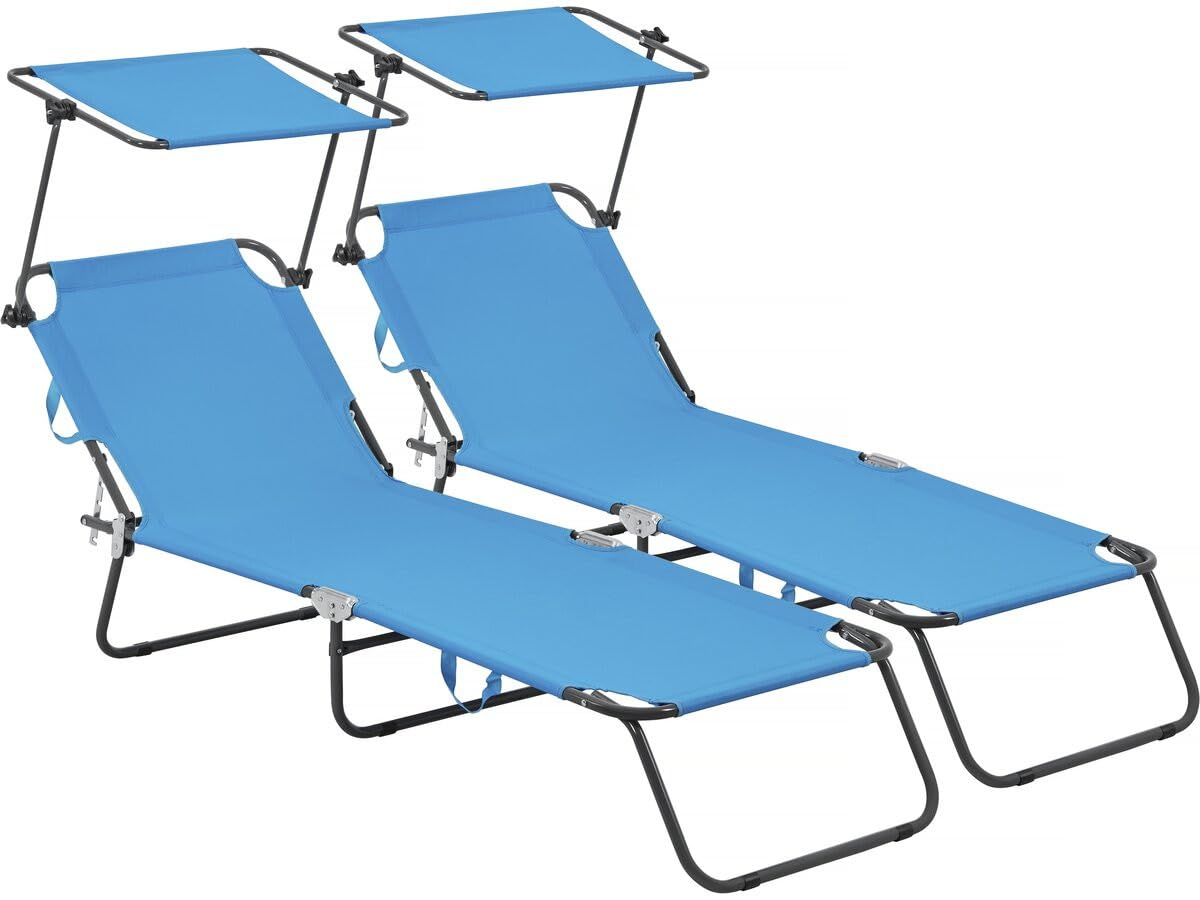 Lot de 2 bains de soleil pliable "Lazy" - Avec pare soleil - Bleu