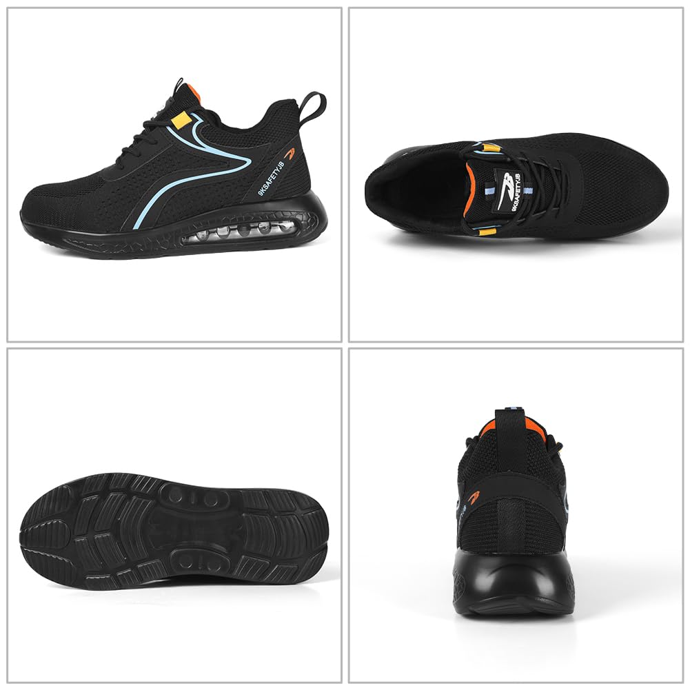 OFFCUP Męskie buty ochronne, buty ochronne, buty robocze ze stalowym noskiem, lekkie, wygodne buty ochronne, buty robocze, trampki przemysłowe, z poduszką powietrzną, czarne