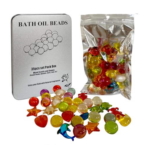 35pcs Bath Oil Beads Assorted Bath Pearls for Adults Colorful Dissolving Bath Capsules with Fragrance Oil Moisturizing Feel Bath Soak Beads Mixed Shapes for Home Spa Gifts