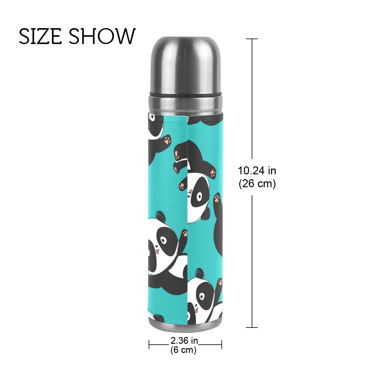Taza de viaje aislada al vacío de acero inoxidable con doble pared a prueba de fugas, botella con diseño de oso panda personalizado impreso en piel auténtica, termo de 500 ml