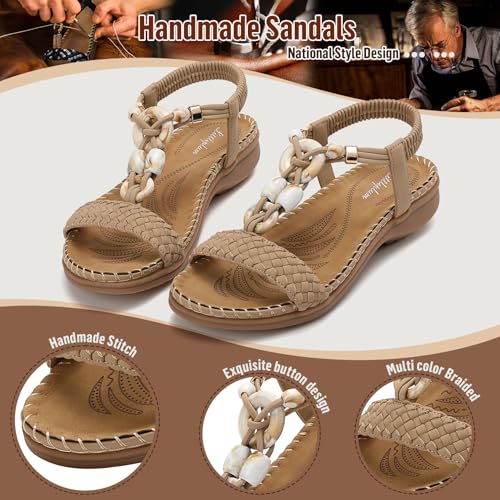 Image of Littleplum Women Sandals Arch Support Handmade Bohemian Braided Flat Sandals Comfort Walking Beach Ankle Elastic Summer Shoes