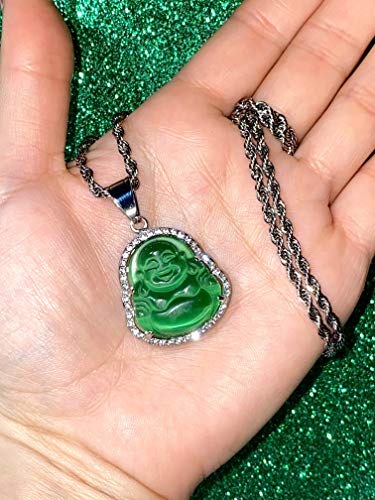 Laughing Buddha Dark Green Jade Pendant – 14k White Gold Filled Iced Necklace with Silver Rope Chain, Certified Grade A Jadeite Spiritual Jewelry2