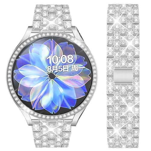 DEALELE Bands Compatible with Samsung Galaxy Watch Active 2 40mm / Active 2 44mm, Shiny Diamond Stainless Steel Metal Strap with Rhinestone Protective Case Cover (Silver)