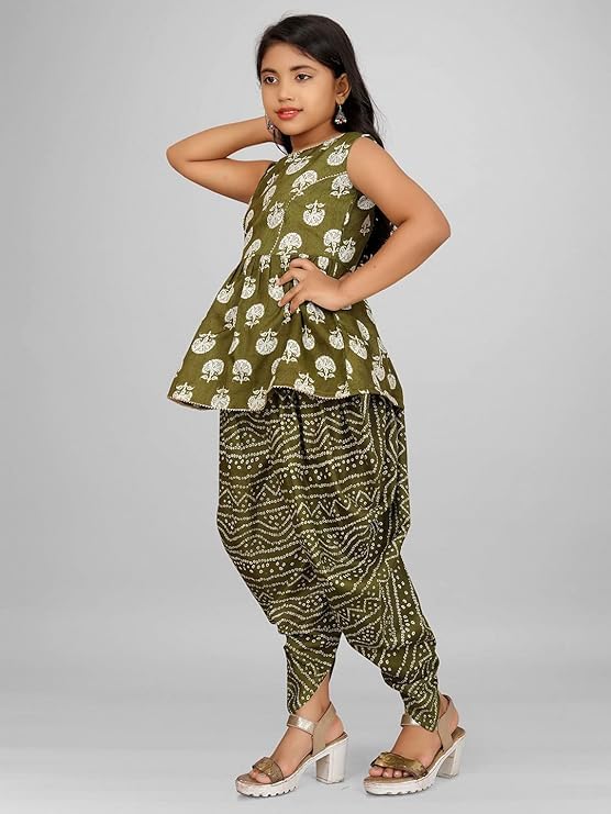 Image of Suhana Fashion Girls Dress Girls Cotton Kurti Top with Dhoti Kurta Set & Dupatta