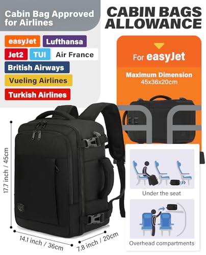 VANKEV Easyjet Cabin Bag 45x36x20 Travel Bag Hand Luggage Backpack Underseat Carry-ons Laptop Backpack Ruscksack Cabin Size Flight Bag Fit 15.6 Inch Laptop Black - Image 2