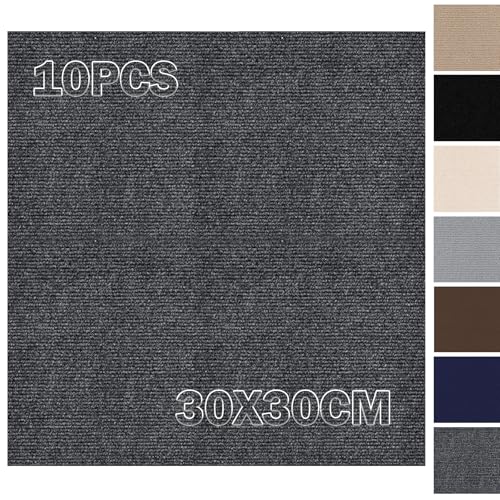 Piastrelle autoadesive per tappeti, 30 x 30 cm, set da 10 pezzi, 0,9 m², moquette, piastrelle con copertura posteriore, tappeto da ritagliare, per ufficio, appartamento, commerciale, grigio scuro