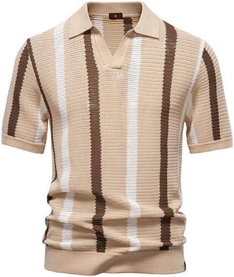 JSEIAJB Hollowed Out Men's Short Sleeve Knitted Sweater with Stripes Shirt Top