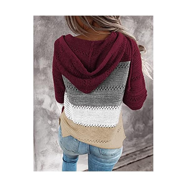 Zcfire-Womens-Lightweight-Color-Block-Knit-Hoodies-Sweaters-Loose-Long-Sleeve-V-Neck-Drawstring-Pullover-Sweatshirts Zcfire Christmas Sweater, Women's Lightweight Color Block Knit Loose Long Sleeve Drawstring Pullover Sweatshirts Wine Red Small