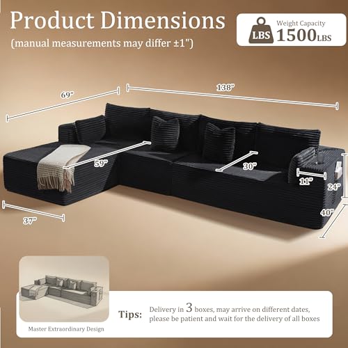 Image of 138 inch Oversized Cloud Sectional Couch, Comfort L Shaped Boneless Couch for Living Room, Extra Deep Seats No Assembly, Minimalist Modular Sofa, Corduroy (Black, 3 Seater+Left Facing Chaise)