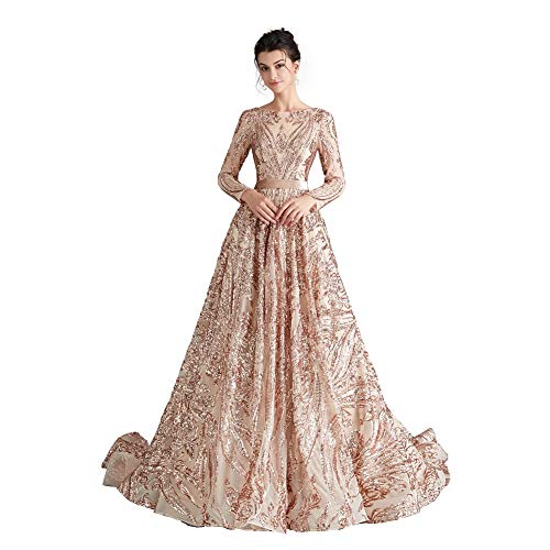 Leyidress Women's Sequin Evening Dress Luxurious Chapel Train Prom Dress Gowns 14 Champagne