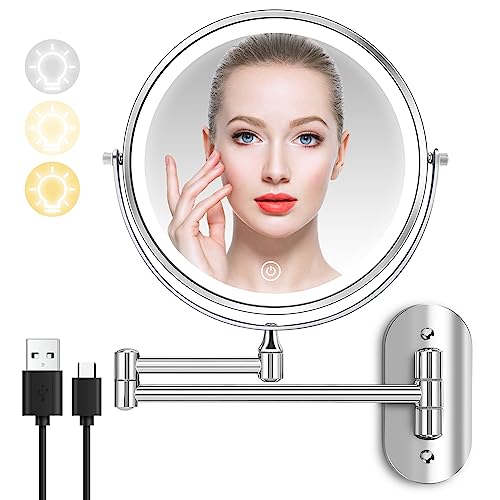 Kirkcaldy Wall Mounted Lighted Makeup Vanity Mirror, 1X/10X Magnifying Mirror With 3 Color Lights, 8 Inch Double Sided Rechargeable Led Cosmetic Mirror For Bathroom, 360° Extended Arm Shaving Mirror #TOP22