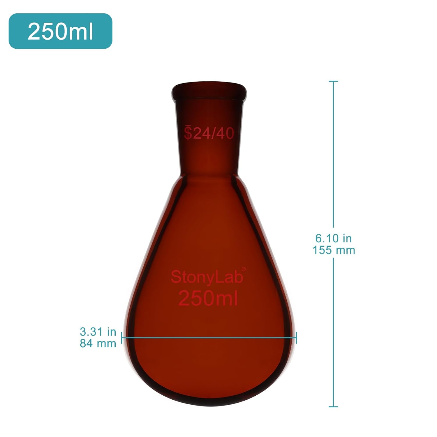 stonylab Amber Borosilicate Glass 250 ml Heavy Wall Single Neck Recovery Flask with 24/40 Outer Joint, Ideal for Rotary Evaporation, Distillation, and Lab Applications
