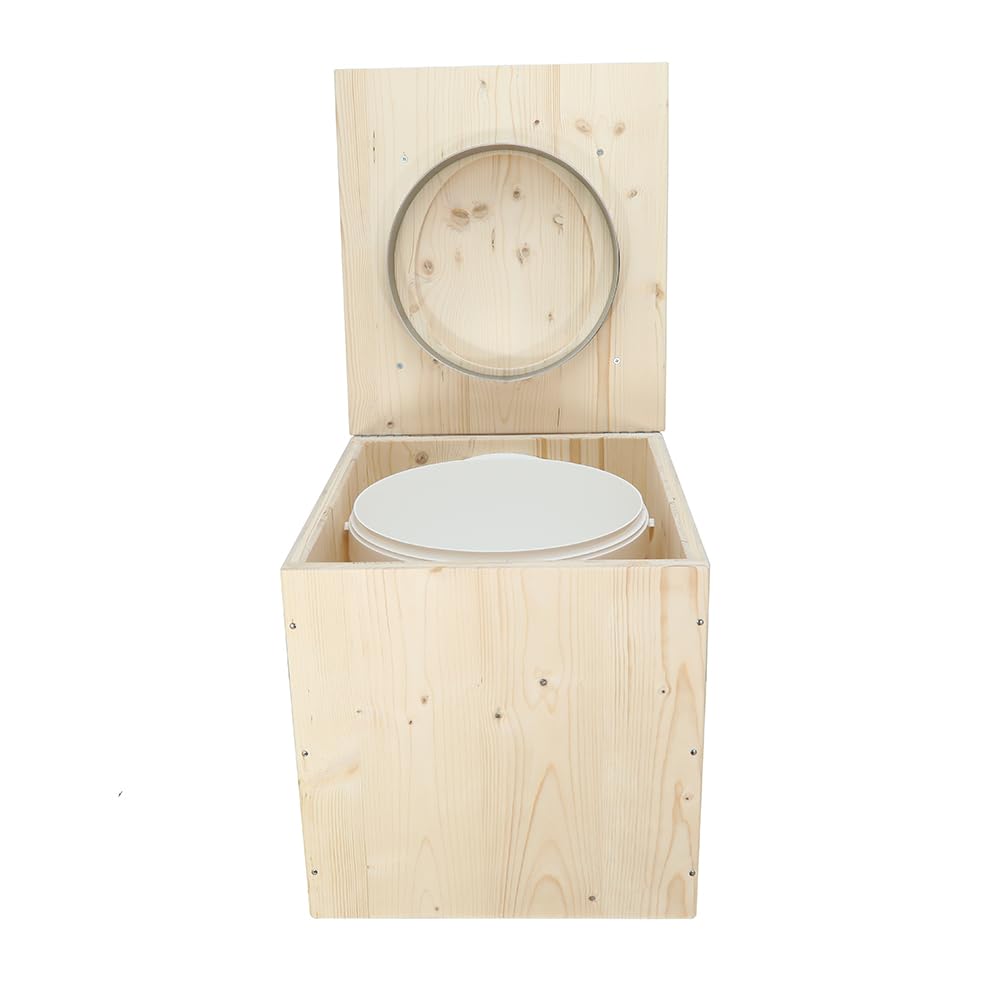 Toilette sèche en Bois avec Seau Plastique Alimentaire 20L et bavette de Protection INOX - Fabrication Artisanale Française - N1