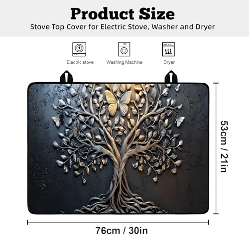 Image of Multi-Design Stove Top Cover for Glass /Electric Stoves - 3-in-1 Heat-Resistant Protector Mat, Non-Slip Drying Rack 30 inchx21 inch(Tree of Life - Black)