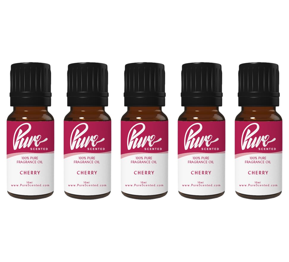 Pure Scented 50ml Fragrance Oils - 5 x 10ml Suitable for Candles, Soaps, Slime, Diffusers, Cosmetics, Wax Melts, Designer (5 x 10ml, Cherry)