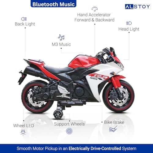 Image of Alstoy Ninja Ride-On Bike for Kids | 12V Rechargeable Battery Electric Toy Bike | Bluetooth Music | 35kg Capacity | Ages 3-8 Boys & Girls | BIS /ISI Approved | 6-Month Warranty | Large | Red