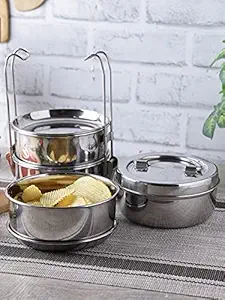 Stainless Steel Four Compartment Tiffin Box with Lid, Silver- 2800 ml