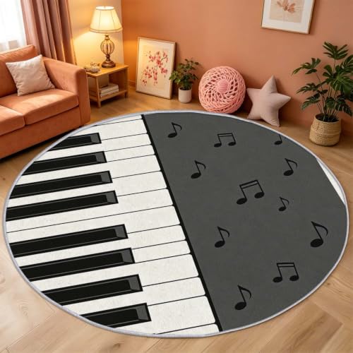 Tapis rond piano poil ras tapis salon 3D notes de musique lavable