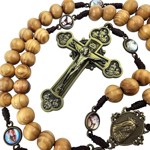 TALISMAN4U Wood Rosary Beads Catholic Necklace 12 Apostles Crucifix Large Bronze Cross Immaculate Heart of Mary Jesus Sacred Medals Handmade Wooden Rosaries for Men Gift Box & Prayer Card3
