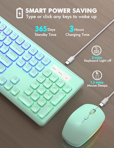 Image of Wireless Keyboard and Mouse Combo - RGB Backlit, Rechargeable & Light Up Letters, Full-Size, Ergonomic Tilt Angle, Sleep Mode, 2.4GHz Quiet Keyboard Mouse for Mac, Windows, Laptop, PC, Mint Green