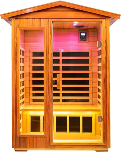Image of LTCCDSS Ultra-Low EMF Outdoor Sauna 2 Person, Mahogany Far Infrared Sauna for Home EMF Average 0.5 mG, Withstand Outdoor Temp -10℉-149℉ Chromotherapy, Bluetooth Speaker
