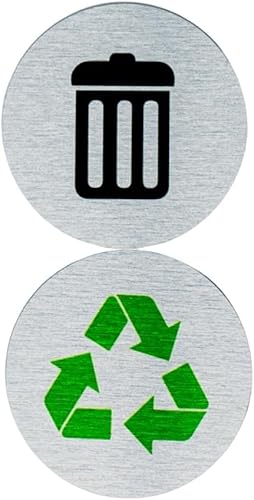 Miniatura 6 de Carteles redondos de basura y reciclaje de metal de 5.5 pulgadas, juego de 2 marcadores de basura y reciclaje, letreros de aluminio plateado