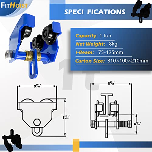 Fithoist Manually Trolley 1 Ton | 2200Lbs Capacity Steel Push Beam Trolley | Adjustable For I-Beam Flange Width 3" To 5" | Installed Onto Various Beams #TOP2