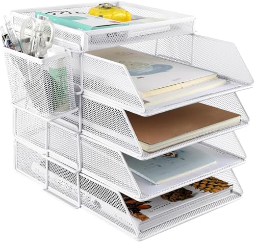 YGORTECH 書類トレー 5段 a4 レターケース 縦置きレタートレー 卓上 書類整理ラック 積み重ね可能 書類収納ケース ペン立て付き メッシュ金属製 書類棚 小物入れ 新聞/雑誌/ファイル/文房具収納 ホワイト
