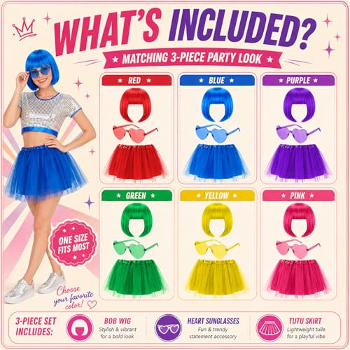 Image of 24 Pcs 6 Sets Wigs Tutus Glasses for Women Costume,Rainbow Color,Classic