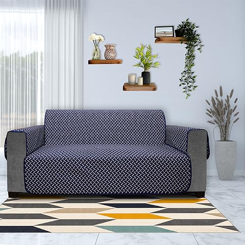 Image of DREAM KING 3 Layers 300 GSM Waterproof Reversible Sofa Cover 4 Seater with Pockets | Dust Protective Soft Fabric Sofa Seat Cover Navy Blue & Grey