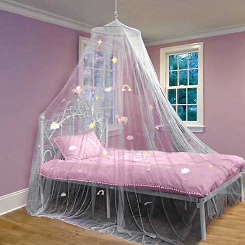 Bollepo Bed Canopy for Girls Bed with Glowing Stars – Princess Room Decor, Ceiling Net to Cover Toddler | Full, Twin Size Kids Bed Curtains, Fire Retardant Fabric (White – Unicorn)