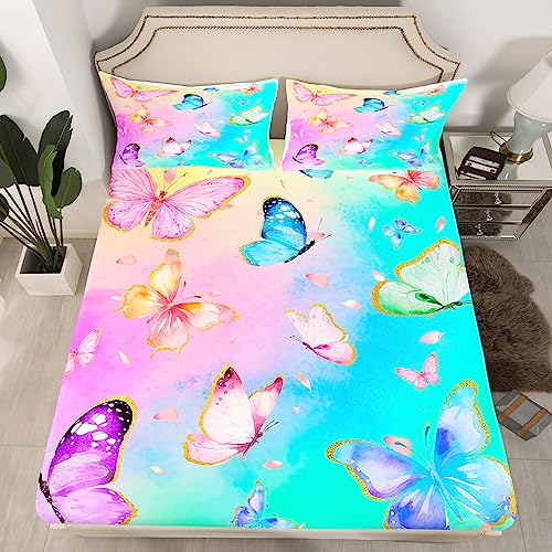 Cartoon Butterfly Fitted Sheet Girls Room Decor,Wildlife Animal Pink Purple Butterflies Bedding Set Full Size,Watercolor Tie Dye Teal Bed Sheets,Rustic Farm Animals Sheets