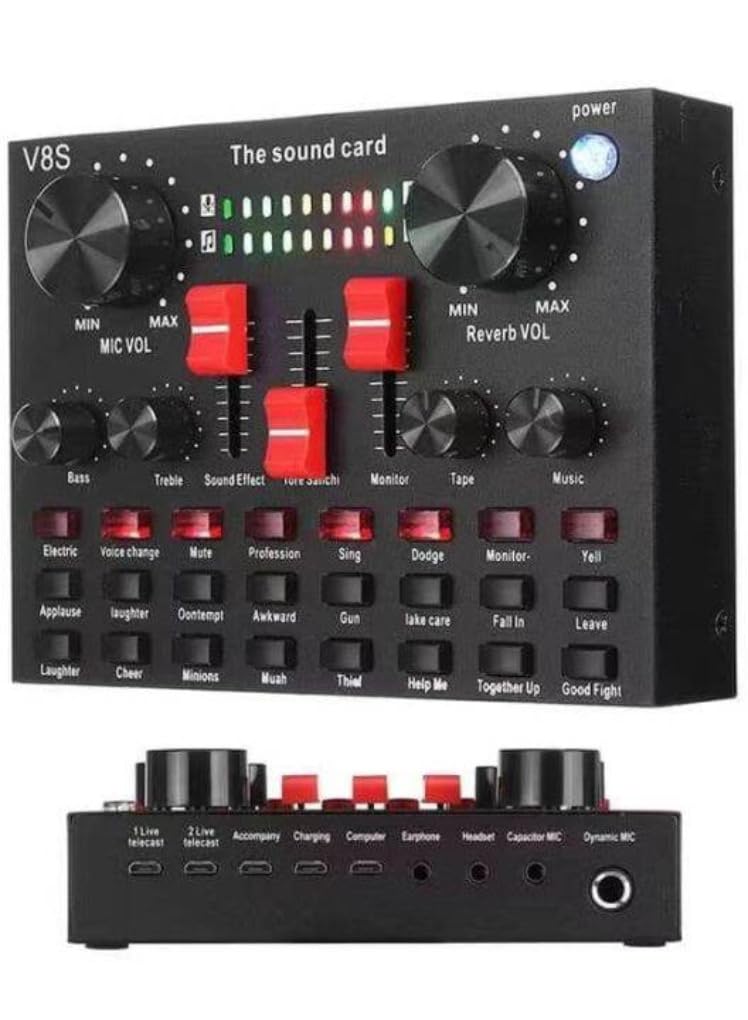 V8S Live Sound Card Bluetooth Sound Mixer Board 3.5mm Audio Interface Live Sound Card with 16 Sound Effects 6 Connecting Methods Dual DSP Noise Reduction Chip For Live Streaming Recording Game PC