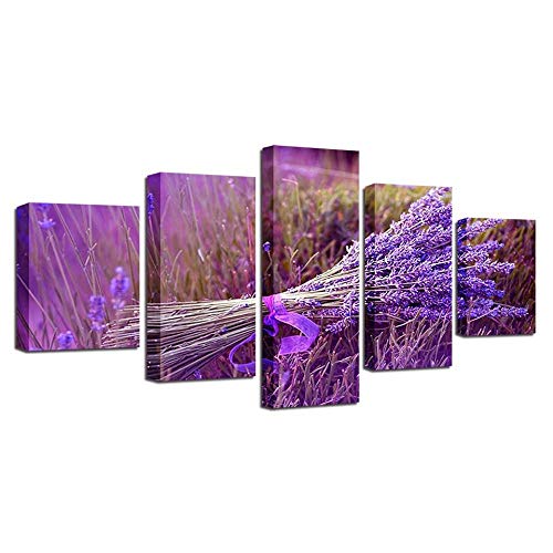 Idée cadeau salon : image sur verre et impression sur toile lavande 5 pièces