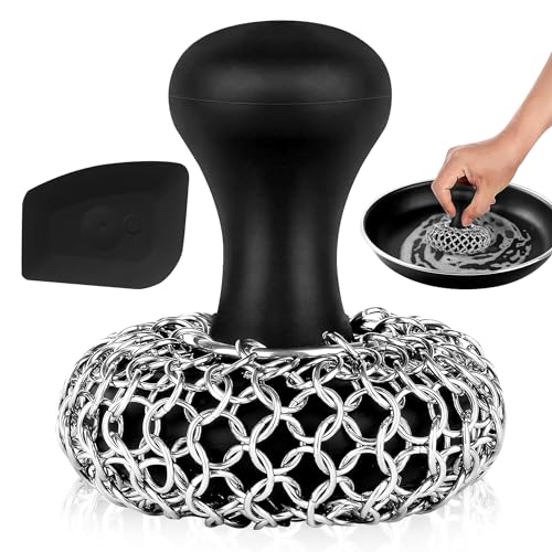 Image of Zylark 316L Chainmail Scrubber Cleaner - Chain Mail Scrubber Cast Iron - Cast Iron Skillet Scrubber - Chain Scrubber with Long Handle
