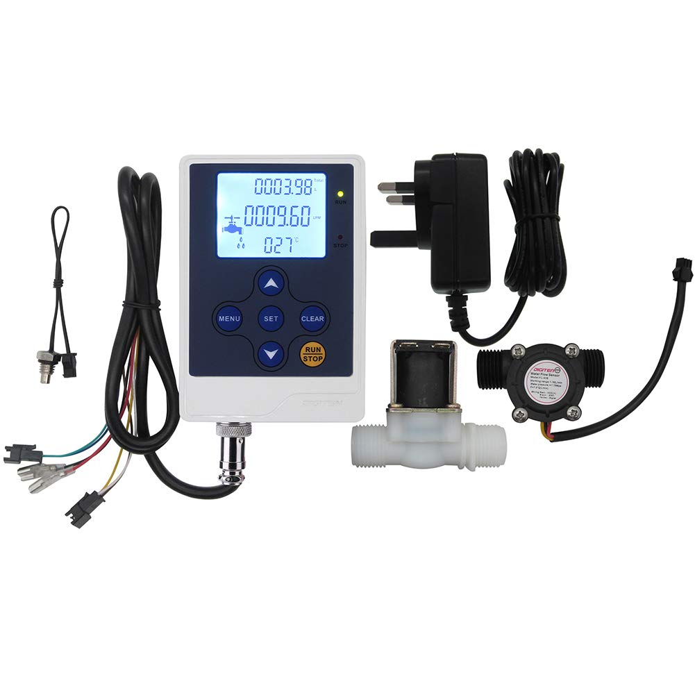 Wasserdurchflussmesser, LCD-Display, Controller + G1/2 Zoll Wasserhall-Sensor, Durchflussmesser, Zähler 1–30 l/min + G1/2 Zoll Magnetventil, normalerweise geschlossen, N/C + DC 12 V Netzadapter